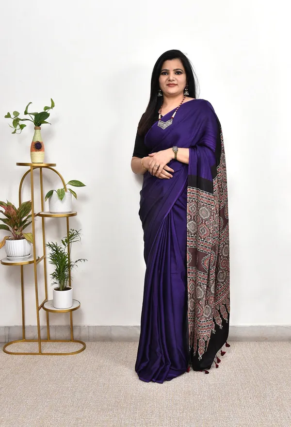 Royal_Blue_Satin_Silk_Ajrakh_Handblock_Modal_Saree_with_Blouse_Piece