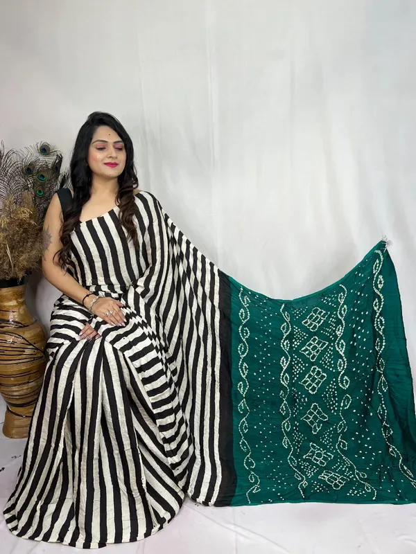 Designer_Striped_Ajrakh_Modal_Silk_Saree_with_Contrast_Bandhani_Border