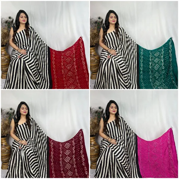 Black_&_White_Stripe_Ajrakh_Modal_Silk_Saree_with_Bandhani_Pallu