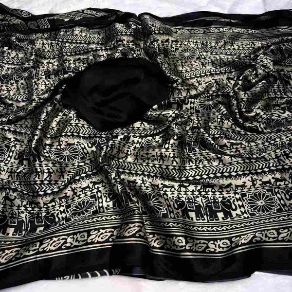 Black_&_Ivory_Ajrakh_Satin_Crepe_Saree_with_Tribal_Motifs_|_Premium_Soft_Satin_Crepe_Ethnic_Saree
