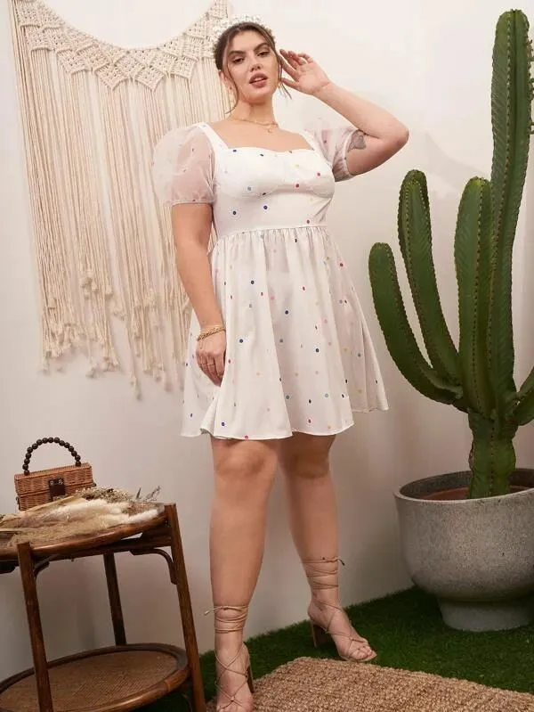 White_Polka_Dot_Print_Mesh_Sleeve_Dress