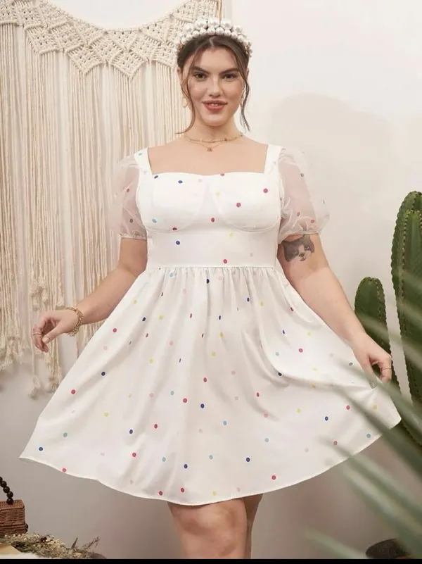 White_Polka_Dot_Print_Mesh_Sleeve_Dress