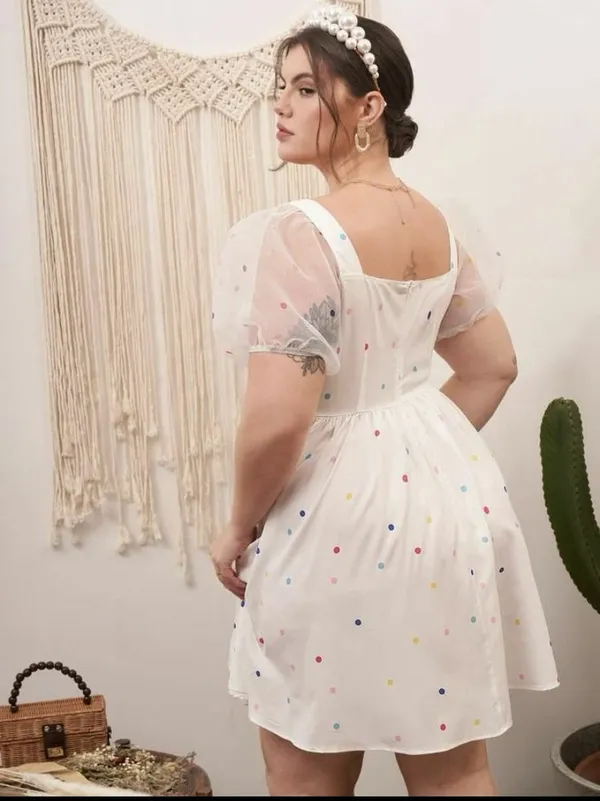 White_Polka_Dot_Print_Mesh_Sleeve_Dress