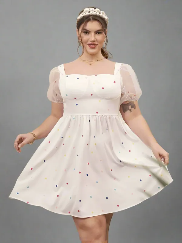White_Polka_Dot_Print_Mesh_Sleeve_Dress