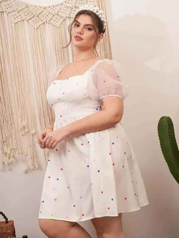 White_Polka_Dot_Print_Mesh_Sleeve_Dress