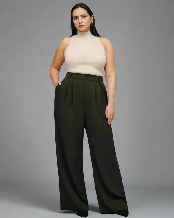 Olive_Twill_Lycra_Premium_Plicated_Hem_Wide_Leg_High_Waisted_Pants
