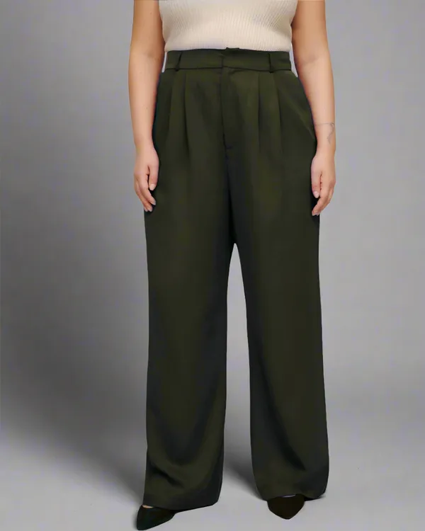 Olive_Twill_Lycra_Premium_Plicated_Hem_Wide_Leg_High_Waisted_Pants