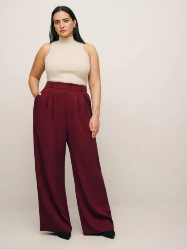 Burgundy_Twill_Lycra_Premium_Plicated_Hem_Wide_Leg_High_Waisted_Pants