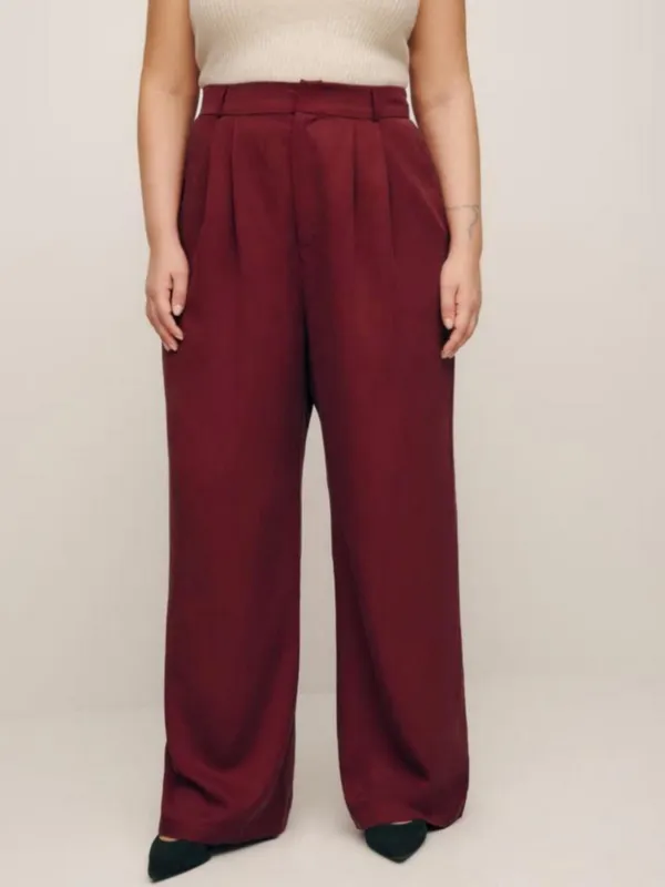 Burgundy_Twill_Lycra_Premium_Plicated_Hem_Wide_Leg_High_Waisted_Pants