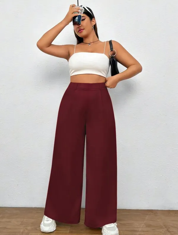 Burgundy_Twill_Lycra_Everyday_Slip_On_Pocket_Wide_Leg_High_Waisted_Pants