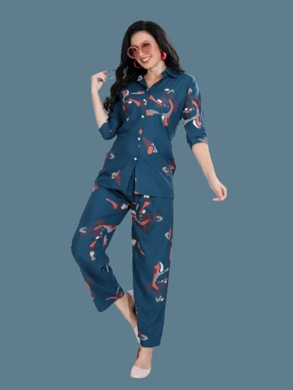 German_Blue_Print_Heavy_Reyon_Print_Co-Ord_Set_For_Women