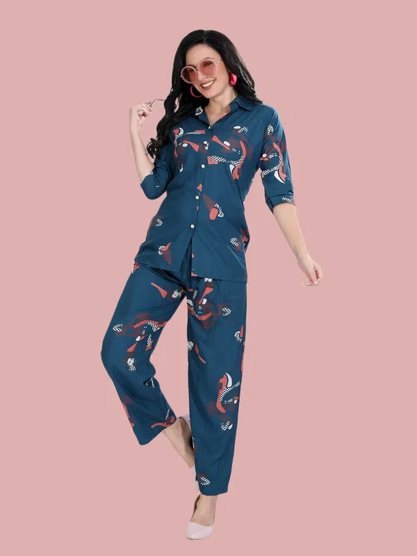 German_Blue_Print_Heavy_Reyon_Print_Co-Ord_Set_For_Women