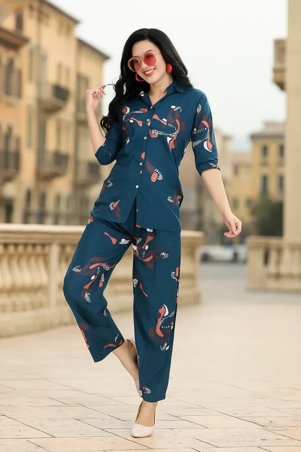 German_Blue_Print_Heavy_Reyon_Print_Co-Ord_Set_For_Women