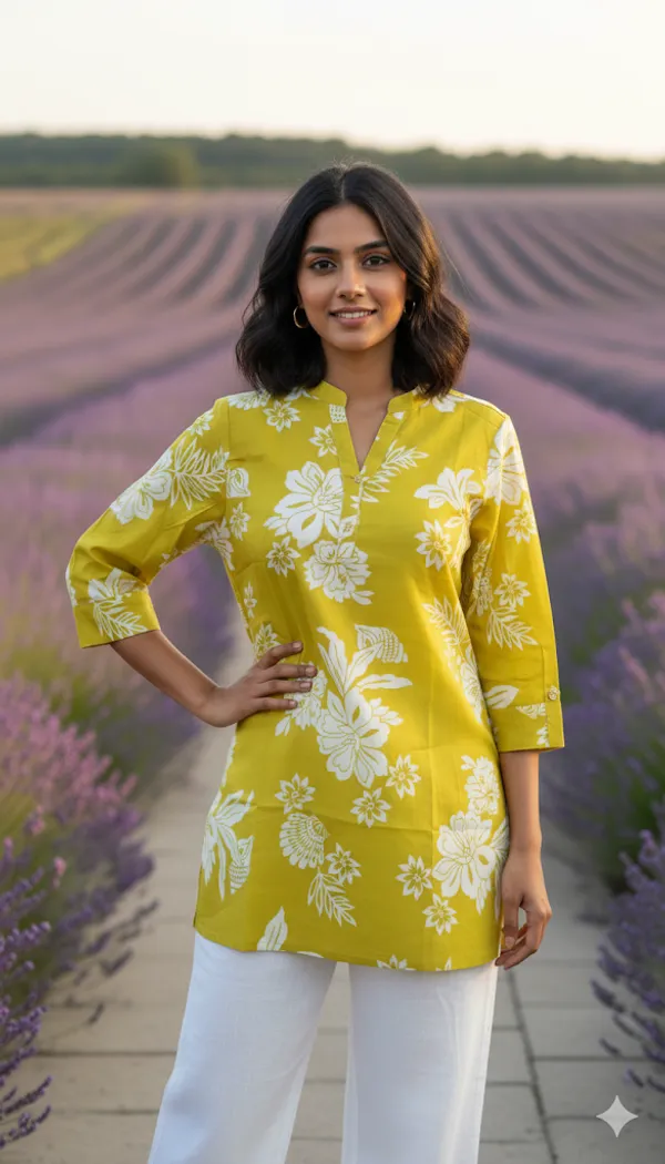 Yellow_Flora_Print_Short_Top_100%_Cotton_60*60_For_Women