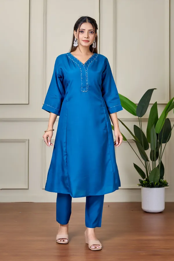 Royal_Blue_Art_Silk_Plain_Co-Ord_Set_For_Women
