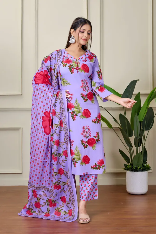 Lavender_Cotton_Kurti_With_Pant_And_Dupatta_For_Women