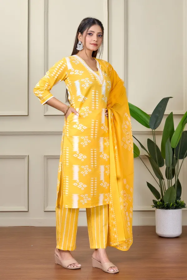 Mustard_Yellow_Cotton_Kurti_With_Pant_And_Dupatta_For_Women