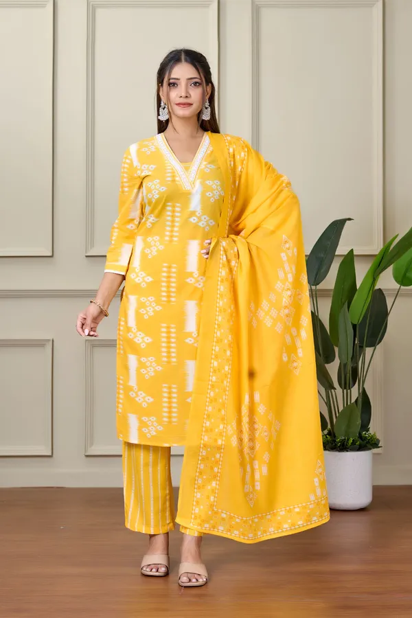 Mustard_Yellow_Cotton_Kurti_With_Pant_And_Dupatta_For_Women