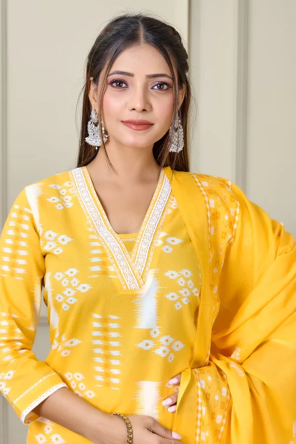 Mustard_Yellow_Cotton_Kurti_With_Pant_And_Dupatta_For_Women