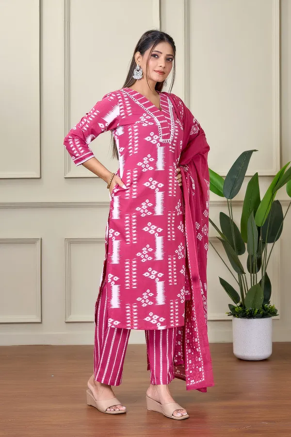 Light_Wine_Cotton_Kurti_With_Pant_And_Dupatta_For_Women