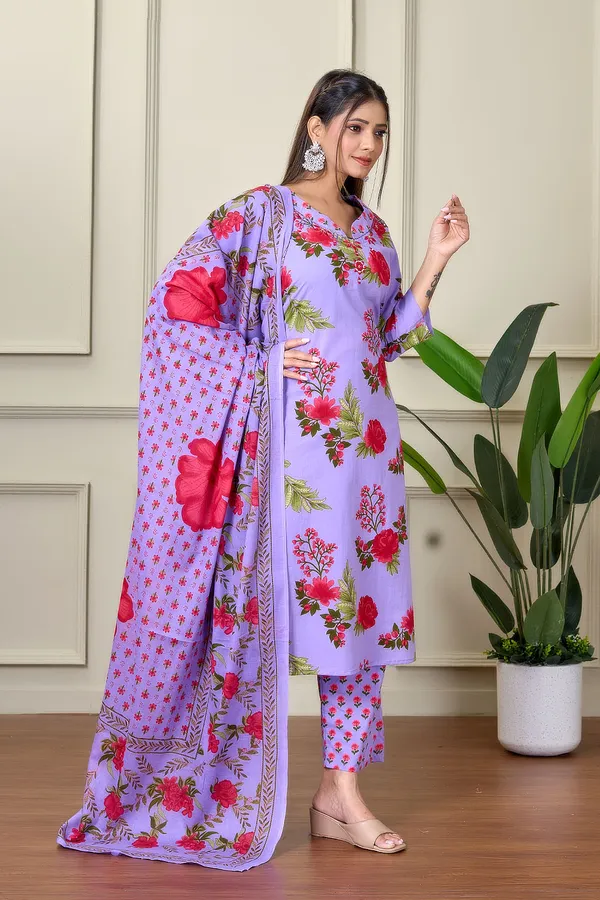 Lavender_Cotton_Kurti_With_Pant_And_Dupatta_For_Women