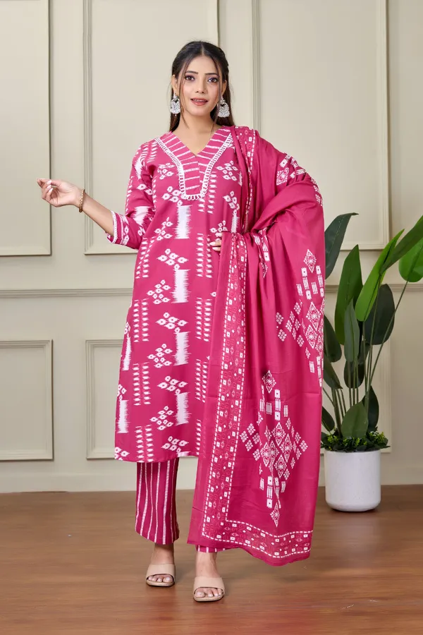 Light_Wine_Cotton_Kurti_With_Pant_And_Dupatta_For_Women