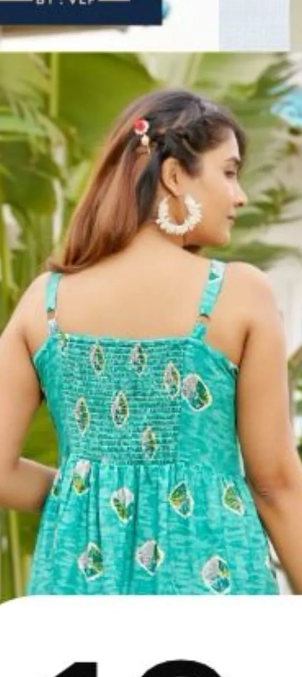 Blue_Heavy_Reyon_Flora_Print_Ghera_Sleeve_Less_Frock_For_Women