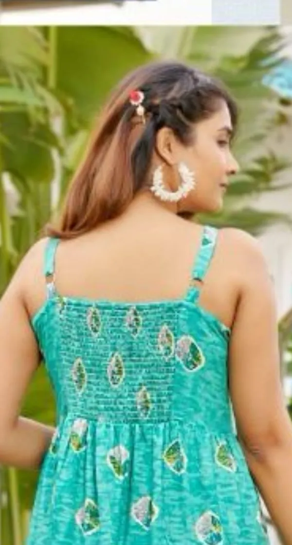 Blue_Heavy_Reyon_Flora_Print_Ghera_Sleeve_Less_Frock_For_Women
