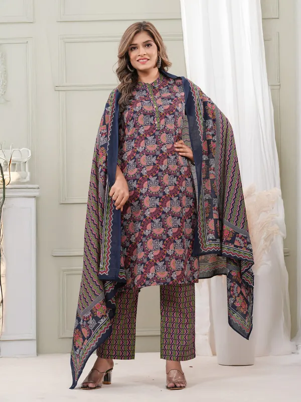 Dark_Blue_Base_With_A_Printed_Pattern_Kurti_With_Pant_&_Dupatta_Set_Cotton_60*60_For_Women