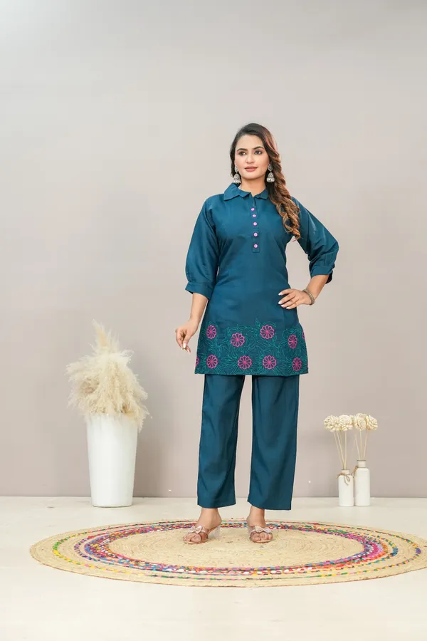 Teal_Blue_Roman_Silk_Co-Ord_Ser_For_Women