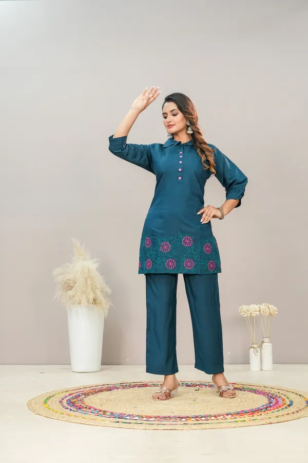 Teal_Blue_Roman_Silk_Co-Ord_Ser_For_Women