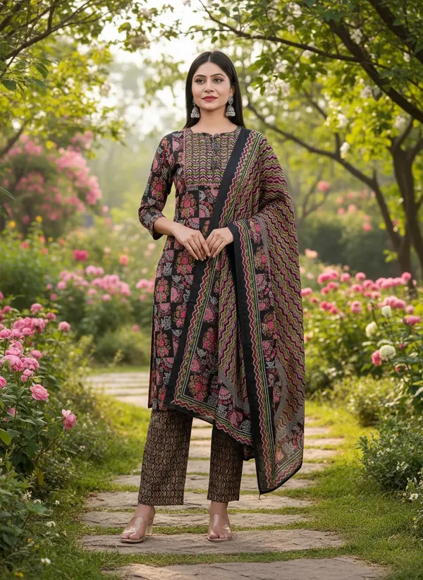 Black_With_A_Floral_Print_Kurti_With_Pant_&_Dupatta_Set_Cotton_60*60_For_Women