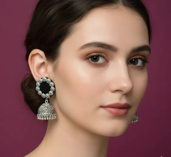 Black_Fabric_Accent_Oxidised_Silver_Jhumkas_For_Women