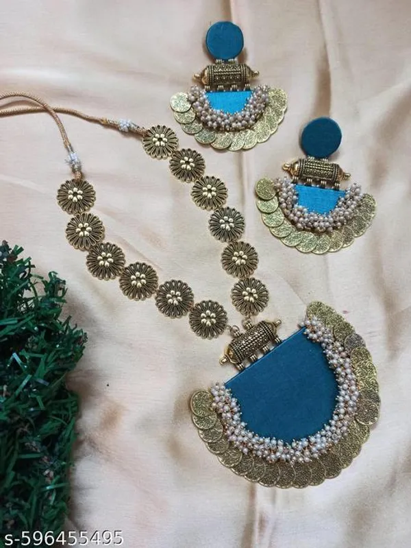 Floral_Blue_Gold_With_Fabric_Pearl_Detailing_Handcrafted_Antique_And_Necklace_&_Earrings_Set_For_Women