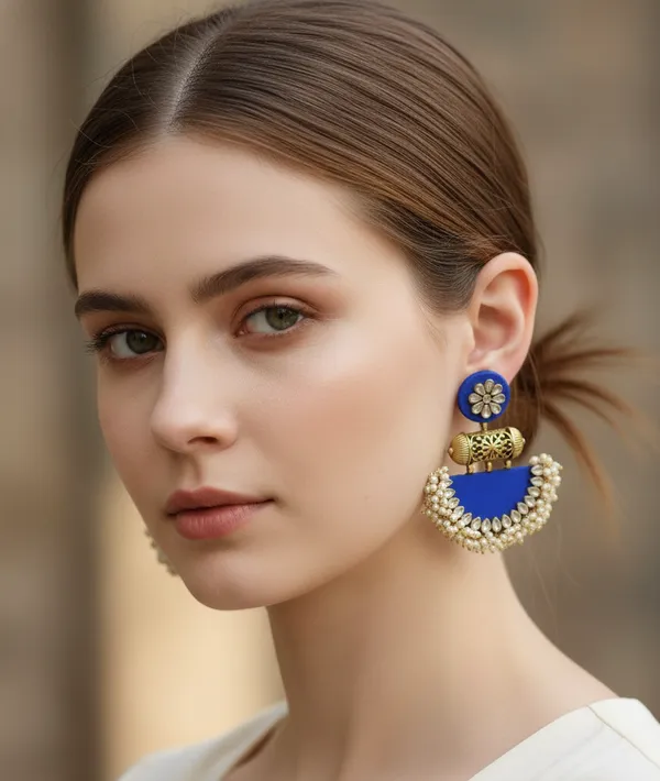 Blue_Kundan_&_Pearl_Embellished_Fabric_Statement_Jhumkas_For_Women