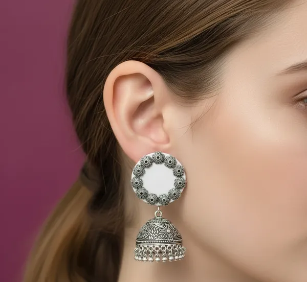 White_Fabric_Accent_Oxidised_Silver_Jhumkas_For_Women