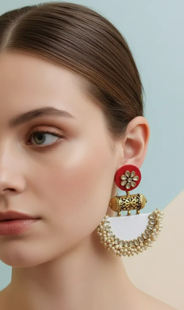 White_&_Red_Pink_Kundan_Pearl_Embellished_Fabric_Statement_Jhumkas_For_Women