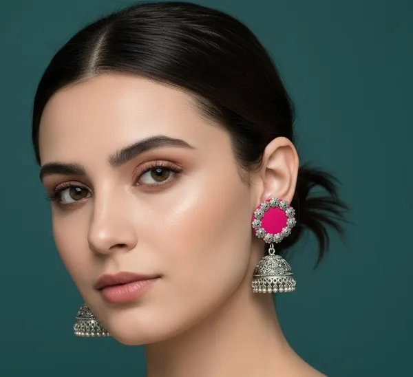 Pink_Fabric_Accent_Oxidised_Silver_Jhumkas_._For_Women