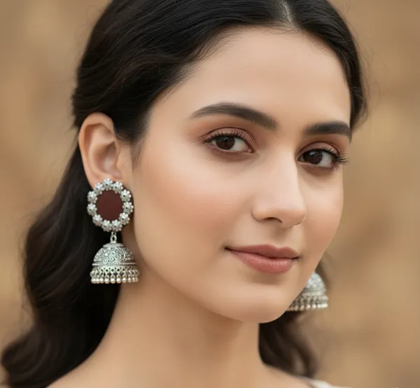 Brown_Maroon_Fabric_Accent_Oxidised_Silver_Jhumkas_._For_Women