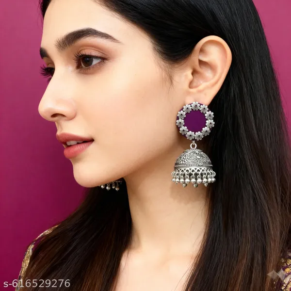 Purple_Fabric_Accent_Oxidised_Silver_Jhumkas_._For_Women