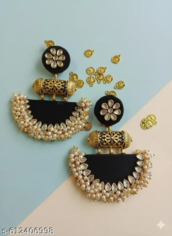 Black_Kundan_&_Pearl_Embellished_Fabric_Statement_Jhumkas_For_Women
