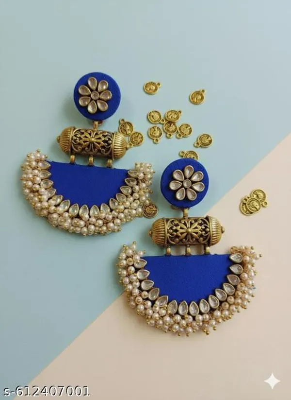 Blue_Kundan_&_Pearl_Embellished_Fabric_Statement_Jhumkas_For_Women