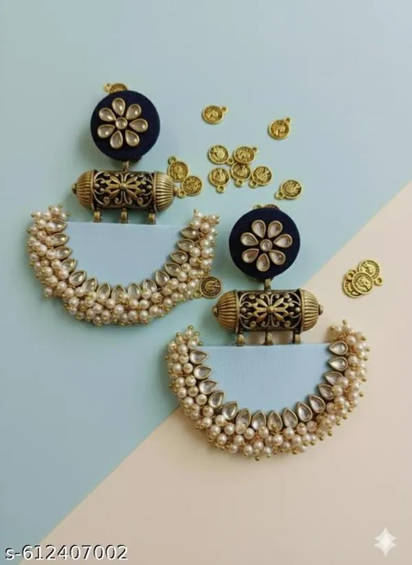 Sky_Blue-_Black_Kundan_&_Pearl_Embellished_Fabric_Statement_Jhumkas_For_Women