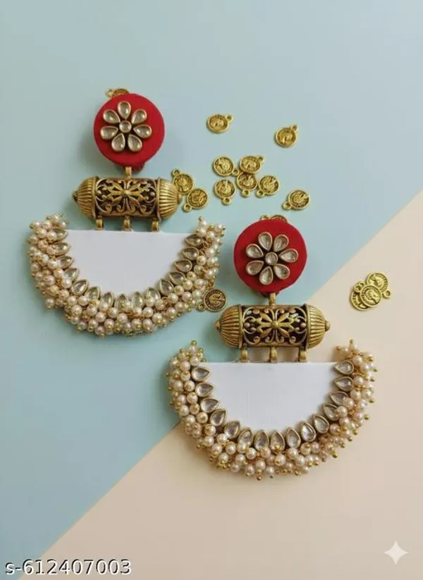 White_&_Red_Pink_Kundan_Pearl_Embellished_Fabric_Statement_Jhumkas_For_Women
