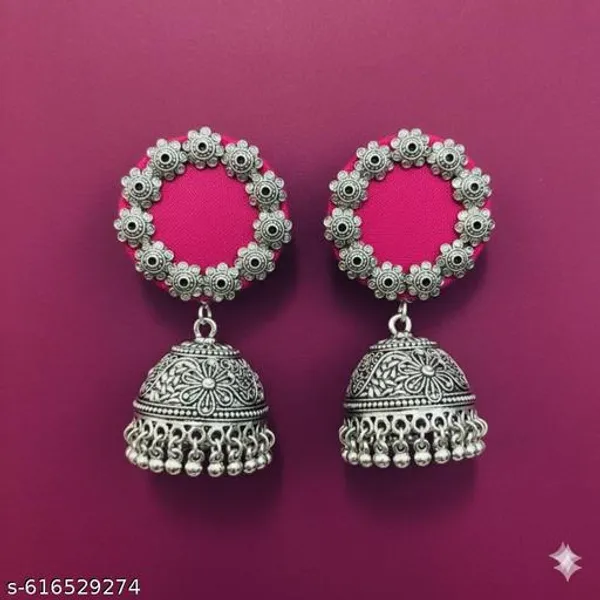 Pink_Fabric_Accent_Oxidised_Silver_Jhumkas_._For_Women