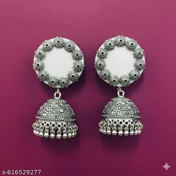 White_Fabric_Accent_Oxidised_Silver_Jhumkas_For_Women