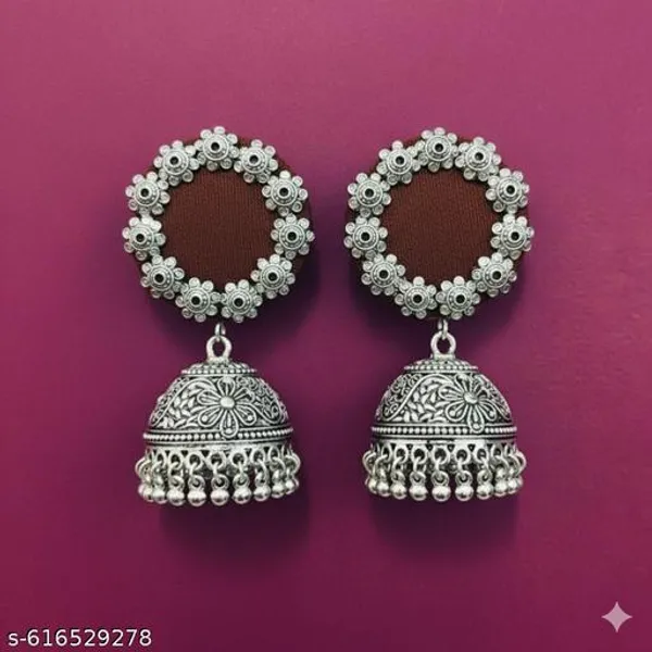 Brown_Maroon_Fabric_Accent_Oxidised_Silver_Jhumkas_._For_Women