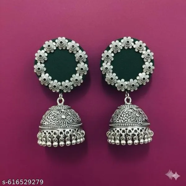 Green_Fabric_Accent_Oxidised_Silver_Jhumkas._For_Women