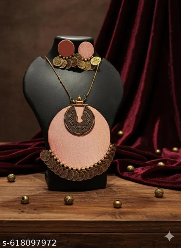Blush_Peach_Fabric_Coin_Tassel_Jewelry_Set_For_Women