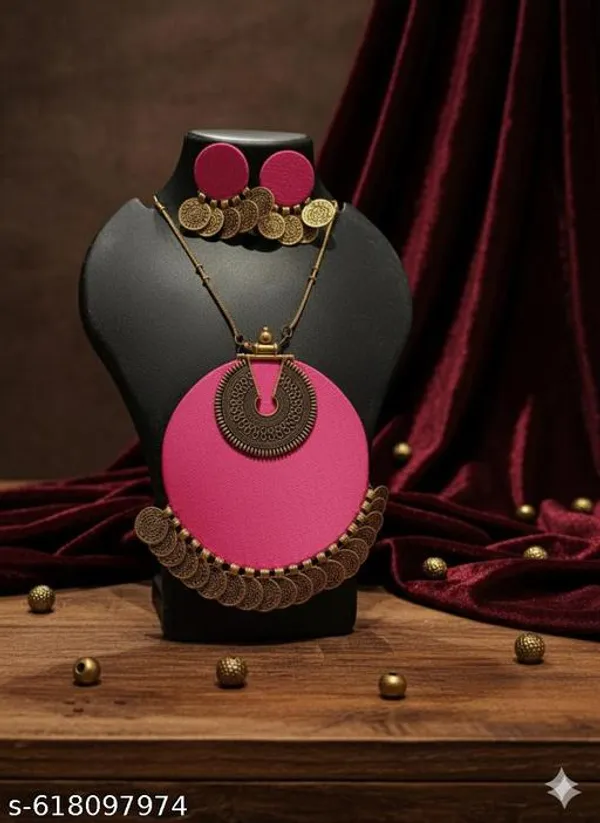 Dark_Pink_Blush_Fabric_Coin_Tassel_Jewelry_Set_For_Women